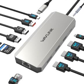 Laptop Docking Station, WAVLINK Displayport Docking Station with Dual DP, HDMI, 100W PD in, 10Gbps USB A/C, 2.5G Ethernet Port for Dell/HP/Lenovo etc, Windows Systerm Computer Only