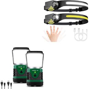 Lepro Bundle - 1000LM LED Camping Lantern Rechargeable, 4400mAh Power Bank & PR320019-2 Super Bright Head lamp with Motion Sensor, 230° Wide Beam & Adjustable