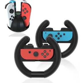 Switch Steering Wheel and Controller Charging Dock Bundle