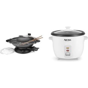 Aroma Housewares 5-Quart Electric Wok with Tempered Glass Lid, Steaming Rack, Chopsticks, Tempura Rack and Aroma 6-Cup Rice Cooker