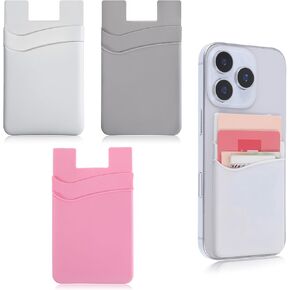 3Pcs Phone Card Holder, Silicone Phone Wallet Stick on Self Adhesive Credit Card Holder for Phone Case Compatible for Most of Cell Phones (Gray, Pink, White)