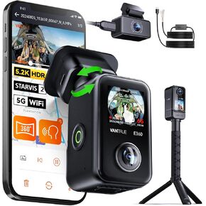【Bundle: Vantrue E360 ACE 5.2K 360° Panoramic Dash Cam + Hardwire Kit】 Handheld Camera, STARVIS 2, HDR, IR Night Vision, Front Rear Inside Dashcam, LTE Support, Voice/Touch Control, 24/7 Parking Mode