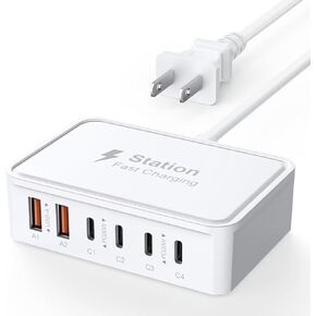 100W USB C Fast Charger - 5ft Cord Gan 6 Port Type USB C Charging Station Hub Block Cube ، Type Super Type C Charging Station Hub متوافق مع الهاتف 16 15 14 12 Pro Max iPad Samsung Pixel (004)
