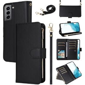 Wallet Case for Samsung Galaxy S21 Plus S21+ 5G Wrist Strap Crossbody Shoulder Strap Zipper Purse Card Holder Slots Protector Stand Phone Cover S21+5G S21plus 21S + S 21 21+ G5 Girls Purple