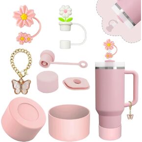 Stanley Cup Accessories Set,Including 2 Pcs 0.4in Straw Cover, 1 Silicone Spill-Proof Stopper Set of 3, 1 Cute Flower Handle Charm, 1 Silicone Boot Fits Stanley 40&30 Oz Tumbler (Cream)