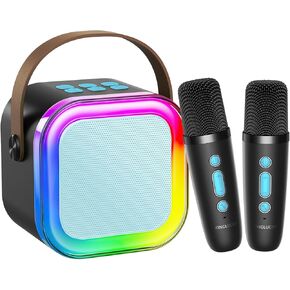 TOP Mini Karaoke Machine for Kids (with Fun Voice Effects & LED Lights) Christmas Birthday Gifts Toys for 3-12+ Girls, Portable Mini Karaoke Machine with 2 Wireless Microphones Black & Blue