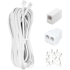 Long Telephone Extension Cord 100FT, White, Phone Cable Line Wire with Standard RJ11 Plug, 1 Phone Line Splitter, 1 In-line Coupler and 65 Cable Clip Holders for Telephone Calling Communication