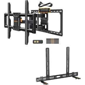 Perlegear Full Motion TV Wall Mount with Power Strip for 42–90 Inch TVs up to 150 lbs PGLF11, Soundbar Mount with Holes/Without Holes up to 13.2 lbs PGSM03B
