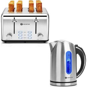 Aigostar Toaster 4 Slice 1.6" Wide Slot Stainless Steel Toasters with Bagel, Reheat, Cancel, Defrost Function and Electric Kettle, 1.7L Electric Tea Kettle with LED Illumination