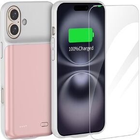 Rechargeable Battery Charging Case for iPhone 16 (6.1 inch) with Screen Protector, 50% Extra Power Life, Data-sync Supported, 7000mAh - Pink