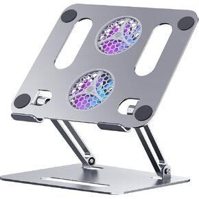 Adjustable Laptop Stand with RGB Cooling Fan-Ergonomic Aluminum Alloy Notebook Holder for Desk & Office-Portable & Foldable Stand Compatible with MacBook, ASUS, Dell, lenovo 10-16 inch（Silver）