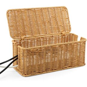 Cable Management Box, Handwoven Rattan Cord Organizer Box with Lid, 2 Open Slots Cords Hider Box Under Desk Cord Organizer, Power Strip Cover Box for Computer Router USB Hub & Power Strip