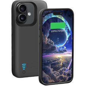 Battery Case for iPhone 16 Plus, 6000mAh Rechargeable Extended Battery Charging/Charger Case, Add 100% Extra Juice (6.7 Inches) Black