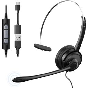 USB Headset with Microphone, Wired On-Ear Headphones with Noise Cancelling Mic, USB-A & USB-C Plug, Adjustable Headband, for Laptop, PC, Mac, Office, Zoom Calls