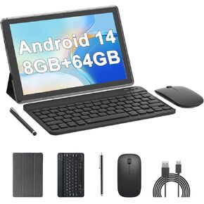 10 Inch Android Tablet 2 in 1 Tablet with Keyboard 64GB ROM 4GB RAM 1TB expansion 10.1" Tablets include Mouse Case Stylus 10 IN Tab 8MP+2MP Cameras 6000mAh Battery Bluetooth Wifi6 Android Tableta.