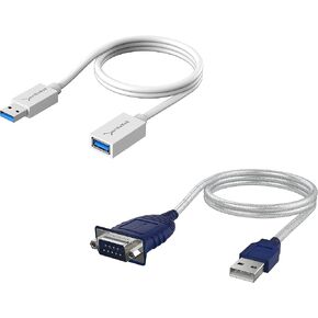 SABRENT USB to Serial (9 Pin) DB 9 RS 232 Converter Cable, Prolific Chipset, HEXNUTS+ USB 3.0 Extension Cable A Male to A Female [White] 3 Feet