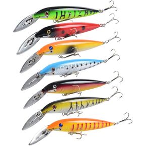7 Pcs Large Minnow Crankbait Lures with Long Iron Tongue Kit, as Bionic Hard Jerkbait Crankbait for Bass Trout Walleye Salmon Trout Redfish in Freshwater Saltwater 17