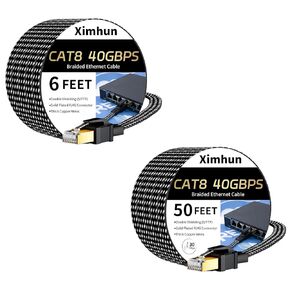 Cat 8 Ethernet Cable 6FT and 50FT, Nylon Braided High Speed Internet Network Cable with RJ45 Connector, 40Gbps 2000MHz Heavy Duty LAN Cable Indoor&Outdoor for Modem/Router/Gaming/PC