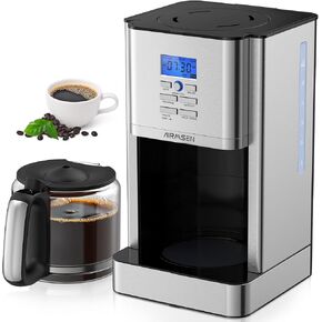 AIRMSEN 12 Cup Programmable Coffee Maker, Automatic Coffee Machine with Glass Coffee Pot, Drip Coffee Maker, 4 Hours Warm-Keeping & Reusable Coffee Filter, Silver White