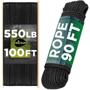 Bundle of 2 items – TECEUM Paracord Type III 550 Black 100 ft (4mm) & Rope – 90 Feet x 1/4 Inch (7mm) – Strong All-Purpose Utility Rope – Camping Hiking Fishing Gear and Equipment – EDC Parachute Cord