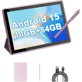 10" Android 15 Tablet, 10(4+6Expand) GB RAM+64GB ROM, 2+8MP Dual Camera, 6000mAh Battery (Tablet+case+Stylus+Keyboard+Mouse), Black