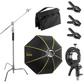Glow ParaSnap 44" Octa New Generation SterlingFibre Bowens Mount Softbox with Glow S2 Bowens Mount Bracket, Flashpoint 10' C Stand, 3X Flashpoint Spring A Clamp & Flashpoint Empty Saddle Sandbag