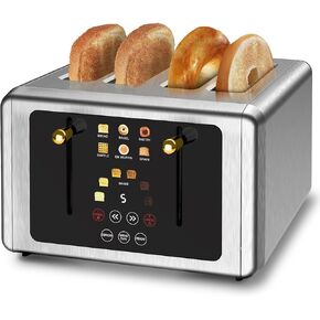 4 Slice Toaster, Touchscreen & Dual Independent Control Panel，5 Basic Functions & Digital Countdown Toasters, 6 Shade Settings＆6 Bread Types, Smart Bread Toaster Mute/Screen-Off,Golden