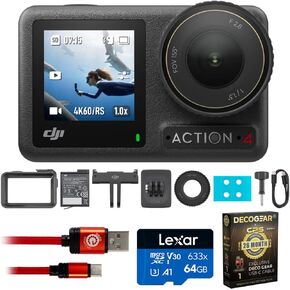 DJI Osmo Action 4 Standard Combo - 4K/120fps Waterproof Action Camera Bundle with Lexar 64GB Card, Type-C Charge & Sync USB Cable & Deco Gear CPS Exclusive 26 Month Protection Pack (BEACH-CPS-26M250)