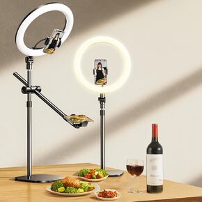 Overhead-Phone-Mount,Stable Overhead-Camera-Mount-Stand [Anti-Shaking] with 10.5" Ring Light, Flexible Desk-Stand for iPhone with Ring-Light for Video-Recording,Zoom Meeting,YouTube,TikTok, White