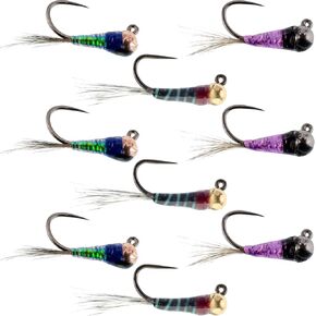 The Fly Fishing Place Tungsten Bead Perdigon Assortment Tactical Jig Czech Euro Nymph Spanish Barbless Nymphing Fly - Gasolina, Black, Purple Flash - Hook Size 14