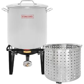 CONCORD Stainless Steel 100 QT Stock Pot w/Steamer Basket + Concord Deluxe Banjo Single Propane Burner, 200,000 BTU Portable Outdoor Stove