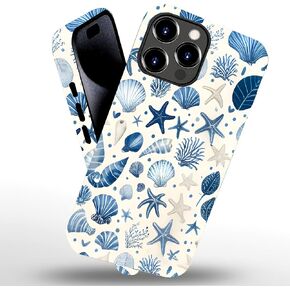 Summer Coastal Seashell Pattern for iPhone 16 Case, [Compatible with Magsafe], Shockproof Protection, Blue and White Design (for iPhone 16)