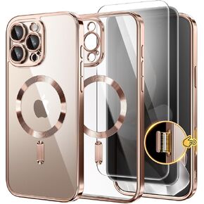 Magnetic for iPhone 16 Pro Case with Camera Capture Control Button, Compatible with MagSafe, [Camera Protection][Privacy Screen Protector] Plating Phone Case for iPhone 16 Pro 6.3" (Rose Gold/Clear)