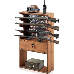 Patriotic Wooden Gun Racks for 4 Rifles, American Flag Horizontal Gun Display Stand Cabinet Shelf with Storage Compartment for Shotgun Accessories, 35 x 20 x 13 Inch