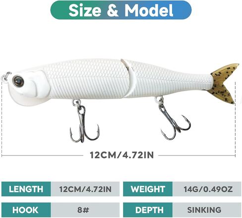 HADORAM Glide Bait with PVC Tail Swimbait Sinking Hard Fishing Lure with Soft Tail Metal Joint Fishing Tackle Set for Bass Trout Shad Perch Pike Musky for Freshwater Saltwater in Saudi Arabia