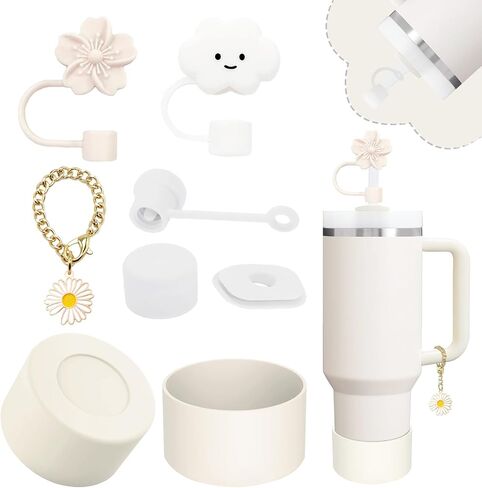 Stanley Cup Accessories Set,Including 2 Pcs 0.4in Straw Cover, 1 Silicone Spill-Proof Stopper Set of 3, 1 Cute Flower Handle Charm, 1 Silicone Boot Fits Stanley 40&30 Oz Tumbler (Cream) in Kuwait