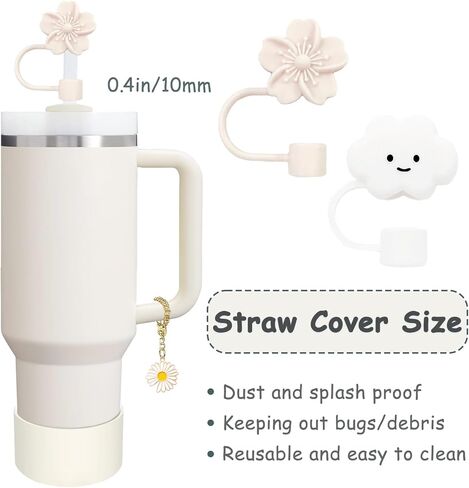 Stanley Cup Accessories Set,Including 2 Pcs 0.4in Straw Cover, 1 Silicone Spill-Proof Stopper Set of 3, 1 Cute Flower Handle Charm, 1 Silicone Boot Fits Stanley 40&30 Oz Tumbler (Cream) in Kuwait