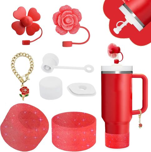 Stanley Cup Accessories Set,Including 2 Pcs 0.4in Straw Cover, 1 Silicone Spill-Proof Stopper Set of 3, 1 Cute Flower Handle Charm, 1 Silicone Boot Fits Stanley 40&30 Oz Tumbler (Cream) in Kuwait