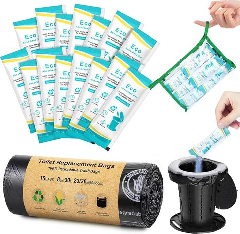 BLIKA 20 Count Camping Toilet Bags Eco Absorbent Gel Set, Toilet Replacement Bags with Toilet Powder, 8 Gallon, 30 Liter, Heavy Duty 1 Mil, Compostable Portable Toilet Bags for Camping Outdoor in Kuwait