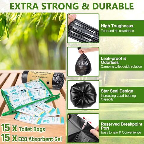 BLIKA 20 Count Camping Toilet Bags Eco Absorbent Gel Set, Toilet Replacement Bags with Toilet Powder, 8 Gallon, 30 Liter, Heavy Duty 1 Mil, Compostable Portable Toilet Bags for Camping Outdoor in Kuwait