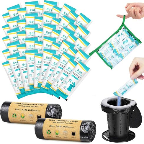 BLIKA 20 Count Camping Toilet Bags Eco Absorbent Gel Set, Toilet Replacement Bags with Toilet Powder, 8 Gallon, 30 Liter, Heavy Duty 1 Mil, Compostable Portable Toilet Bags for Camping Outdoor in Kuwait