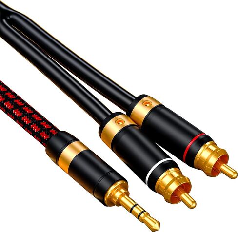 كابل صوت 3.5 مم إلى 2 RCA Audiophile كابل صوت ستيريو مضفر مطلي بالذهب وخالي من الأكسجين للهواتف الذكية والأجهزة اللوحية ومكبرات الصوت والمسرح المنزلي (الزاوية اليمنى 3.5 مم، 3.2 قدم) in Saudi Arabia