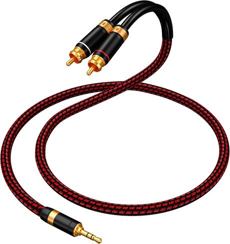 كابل صوت 3.5 مم إلى 2 RCA Audiophile كابل صوت ستيريو مضفر مطلي بالذهب وخالي من الأكسجين للهواتف الذكية والأجهزة اللوحية ومكبرات الصوت والمسرح المنزلي (الزاوية اليمنى 3.5 مم، 3.2 قدم) in Saudi Arabia