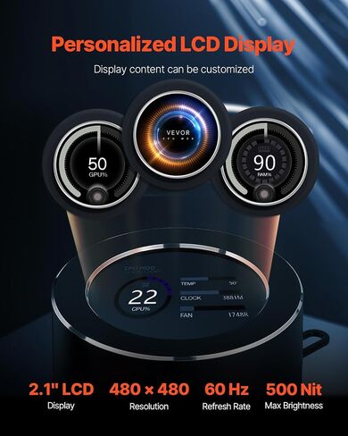 VEVOR CPU Liquid Cooler ، AIO CPU Water Cooler - 3 × 120 مم معجبي PWN ، مضخة و 2.1 '' شاشة LCD ، مروحة تبريد CPU أسود 2200PRM MAX 2200PRM ، متوافقة مع Intel 115x/1366/2011/1700/1200 ، AMD AM4/AM5 in Kuwait