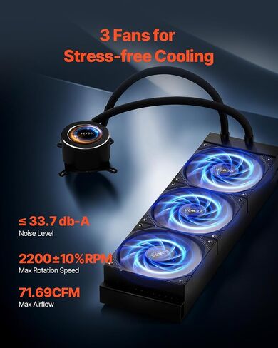 VEVOR CPU Liquid Cooler ، AIO CPU Water Cooler - 3 × 120 مم معجبي PWN ، مضخة و 2.1 '' شاشة LCD ، مروحة تبريد CPU أسود 2200PRM MAX 2200PRM ، متوافقة مع Intel 115x/1366/2011/1700/1200 ، AMD AM4/AM5 in Kuwait
