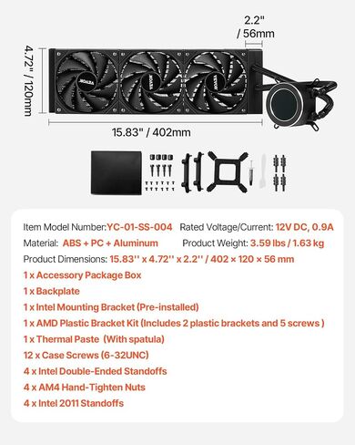 VEVOR CPU Liquid Cooler ، AIO CPU Water Cooler - 3 × 120 مم معجبي PWN ، مضخة و 2.1 '' شاشة LCD ، مروحة تبريد CPU أسود 2200PRM MAX 2200PRM ، متوافقة مع Intel 115x/1366/2011/1700/1200 ، AMD AM4/AM5 in Kuwait