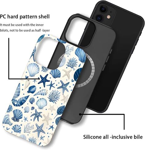 نمط الصدف الساحلي الصيفي لـ iPhone 16 Case ، [متوافق مع Magsafe] ، وحماية مقاومة للصدمات ، والتصميم الأزرق والأبيض (لـ iPhone 16) in Kuwait