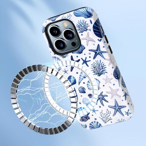 نمط الصدف الساحلي الصيفي لـ iPhone 16 Case ، [متوافق مع Magsafe] ، وحماية مقاومة للصدمات ، والتصميم الأزرق والأبيض (لـ iPhone 16) in Kuwait