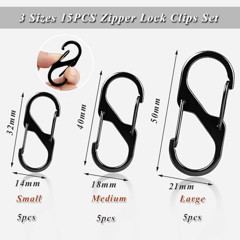 15PCS Zipper Lock Clips, Anti Theft Carabiner Clips for Backpack Luggage Quick Disconnect Zipper Lock Clips 3 Sizes Keychain Locking Clip Dual Wire Gate Clip for Traveling Outdoor (15pcs Black Set) in Saudi Arabia