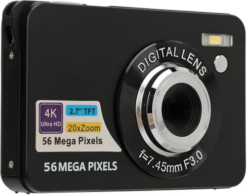 الكاميرا الرقمية ، Zoom 56 ميجابكسل 4K فيديو 20x ، شاشة 2.7 بوصة شاشة LCD ، كابل USB ، مضغوط ، تخزين 128 جيجابايت ، أسود مع عشاق السفر والتصوير الفوتوغرافي (أسود) in Kuwait
